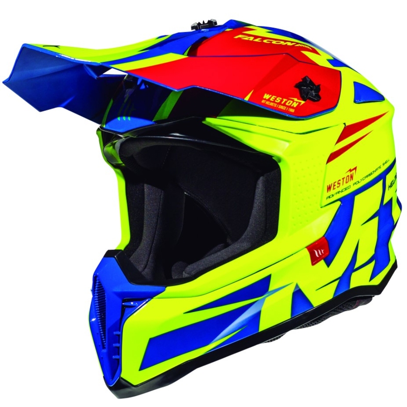 Motokrosová přilba MT Falcon Weston červeno-modro-fluo žlutá