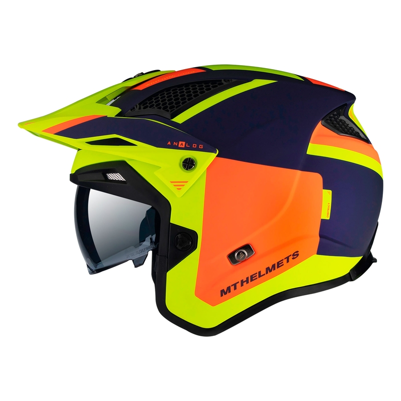 Otevřená trialová přilba na motorku MT District SV Analog D27 modro-oranžovo-fluo žlutá - II. jakost