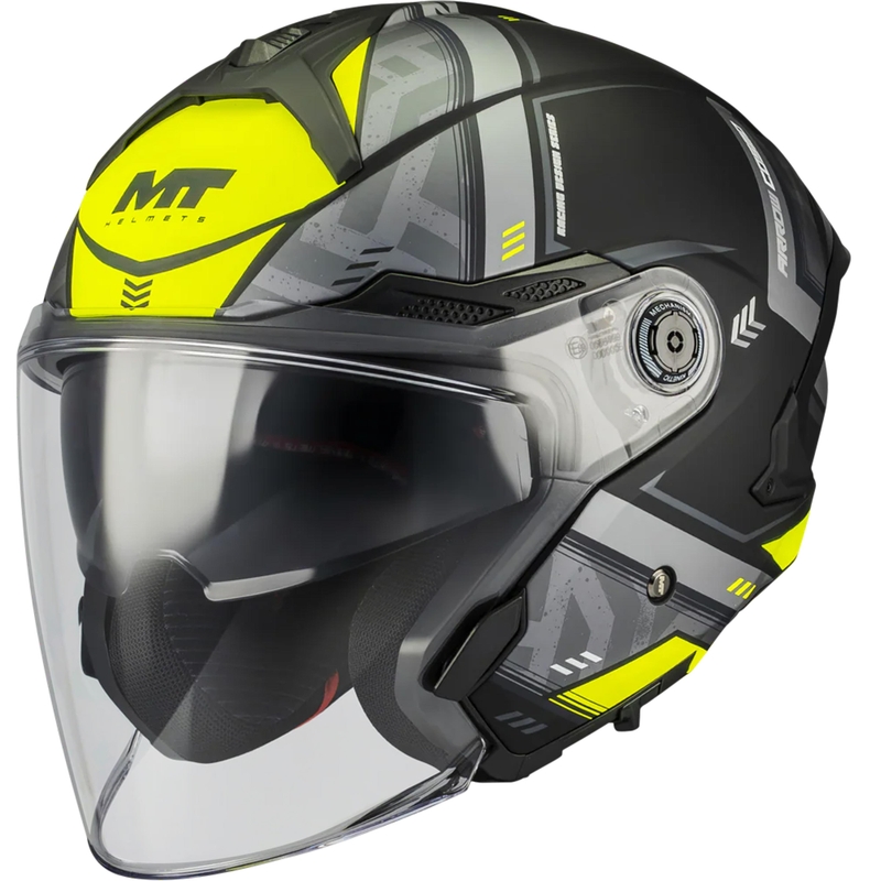 Otevřená helma na motorku MT Cosmo SV Arrow B3 matná černo-šedo-fluo žlutá